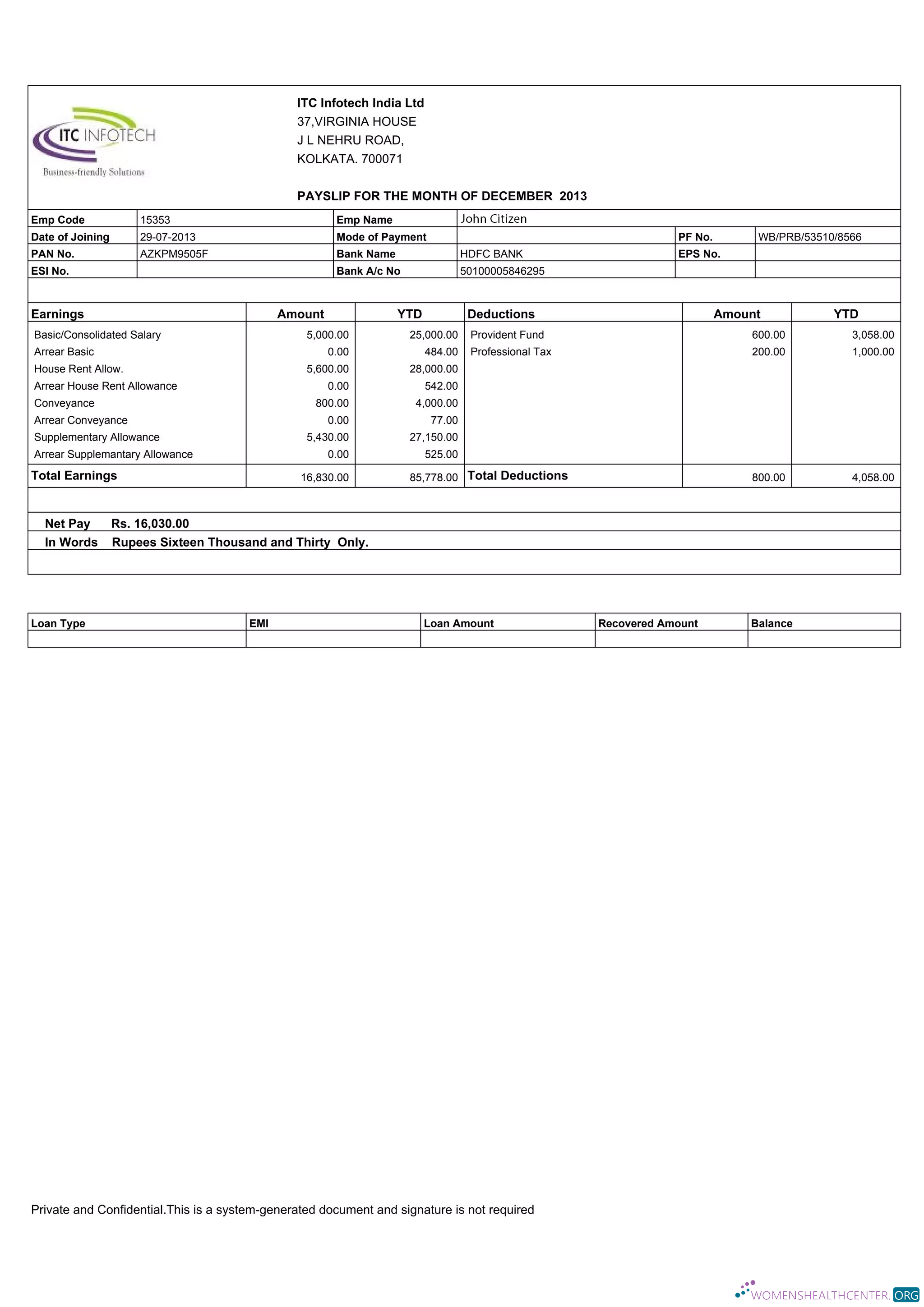 Download INDIA ITC Infotech India LTD payslip in Word and PDF formats Photoshop template